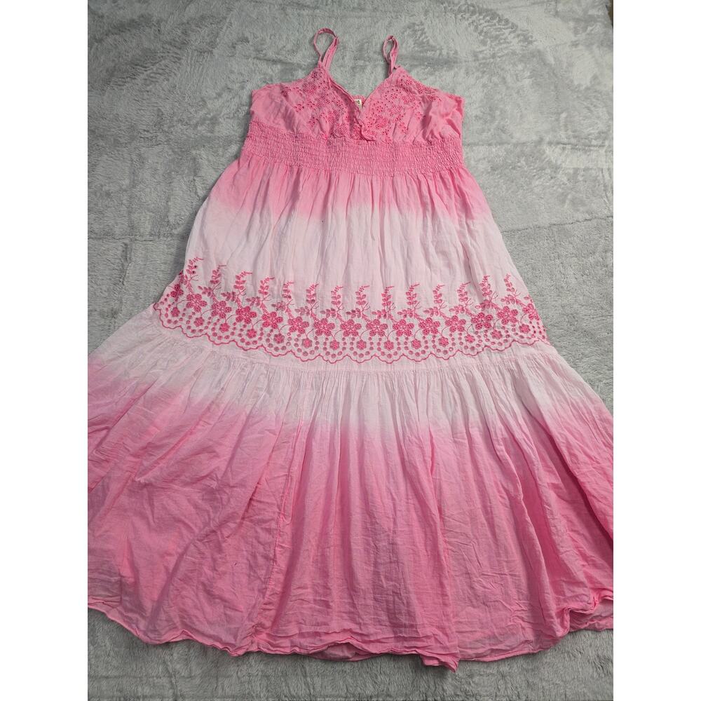 Women's Plus Sz 1X Pink Ombre Cotton Maxi Dress Boho Eyelet Lace Tiered Sundress - Picture 3 of 11